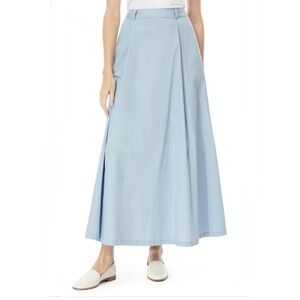 NWT By Design Abigail Cotton Poplin Maxi Skirt Dusty Blue Pleated A-Line Large